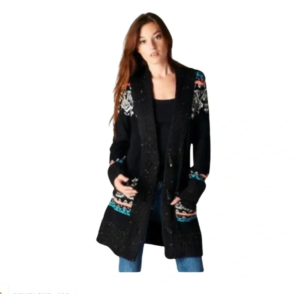 Love Stitch long cardigan black abstract print Size Medium